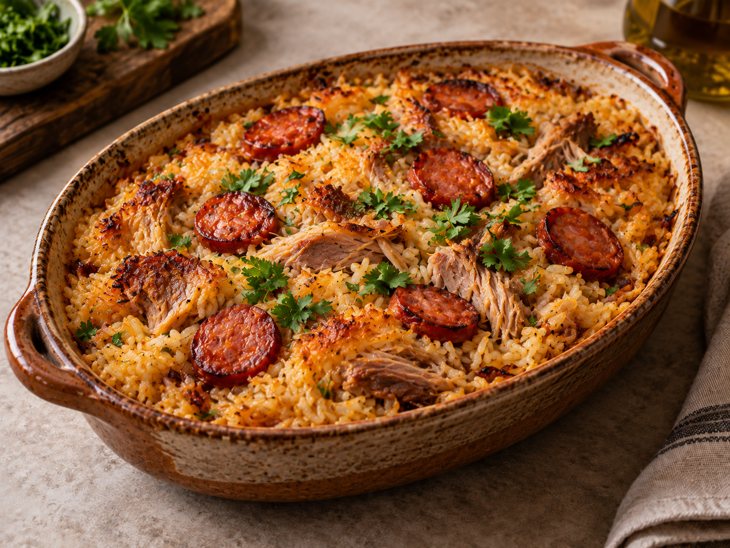 Arroz dourado no forno com carne desfiada, rodelas de enchido e ervas, numa travessa de barro.