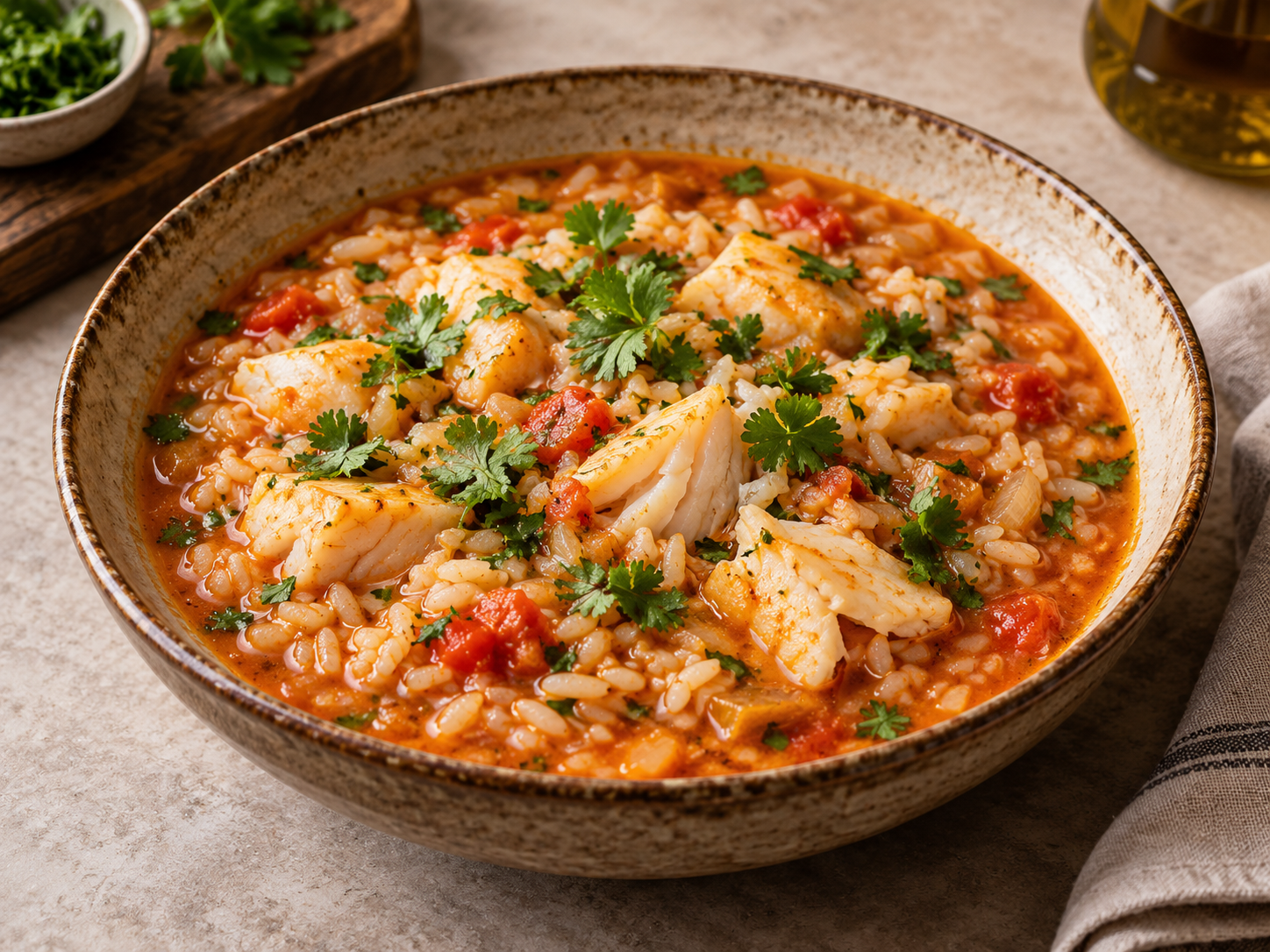 Arroz caldoso com pedaços de peixe, tomate e folhas de coentros.