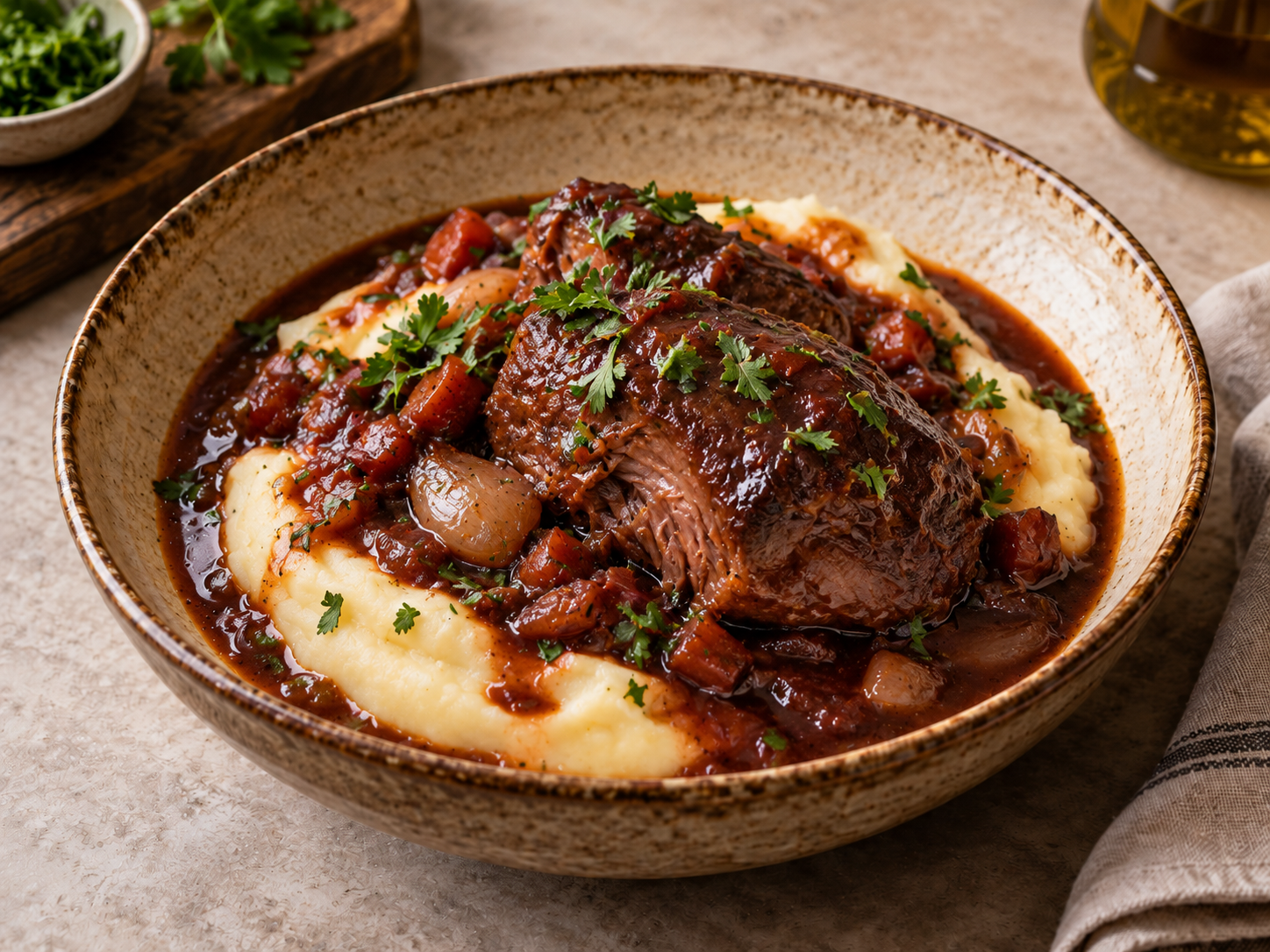 Carne estufada sobre puré de batata, com molho escuro, cenoura, cebolas pequenas e ervas.