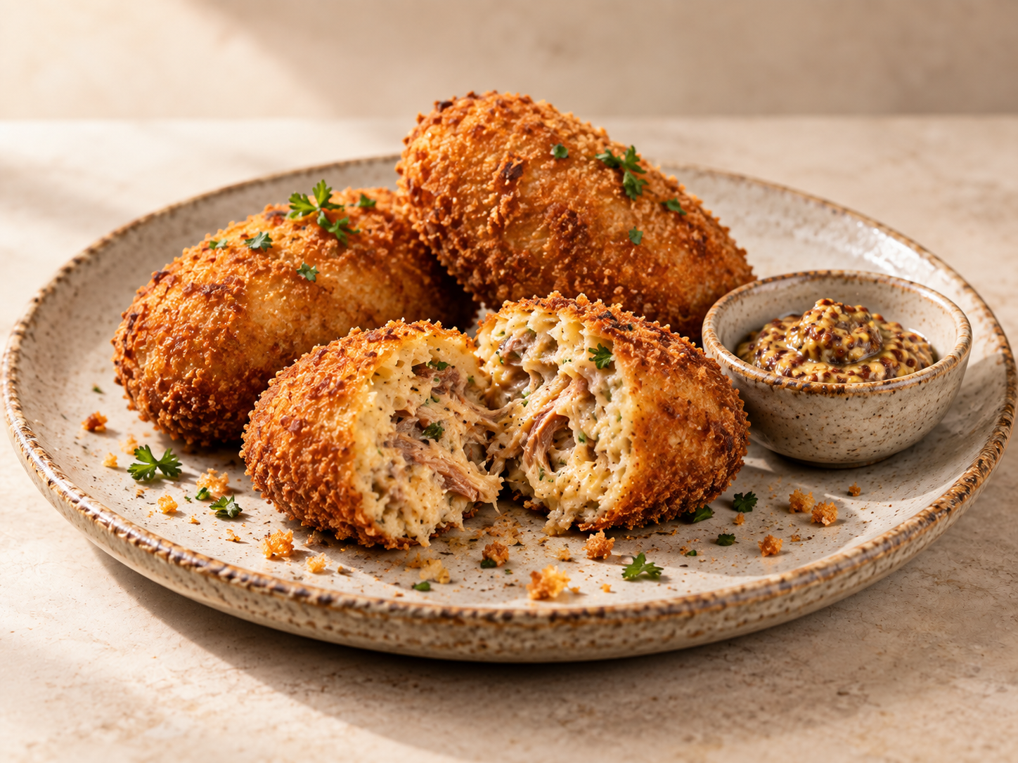 Croquetes dourados, um aberto com recheio desfiado, acompanhados de mostarda em grão.