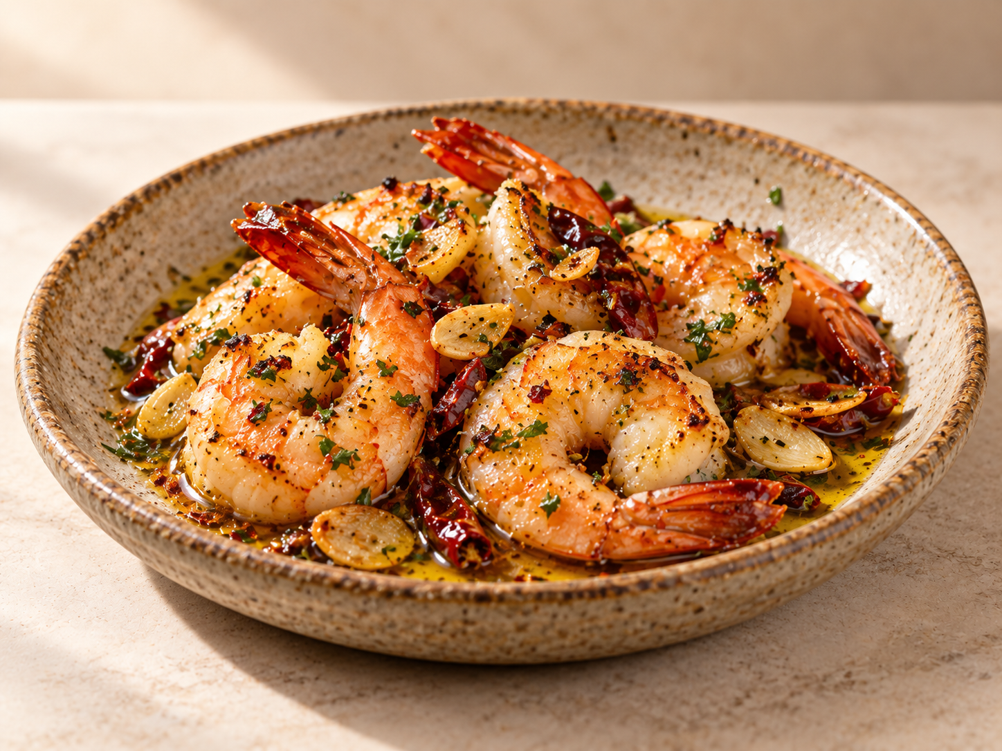 Gambas com lâminas de alho, malagueta e ervas num molho de azeite.