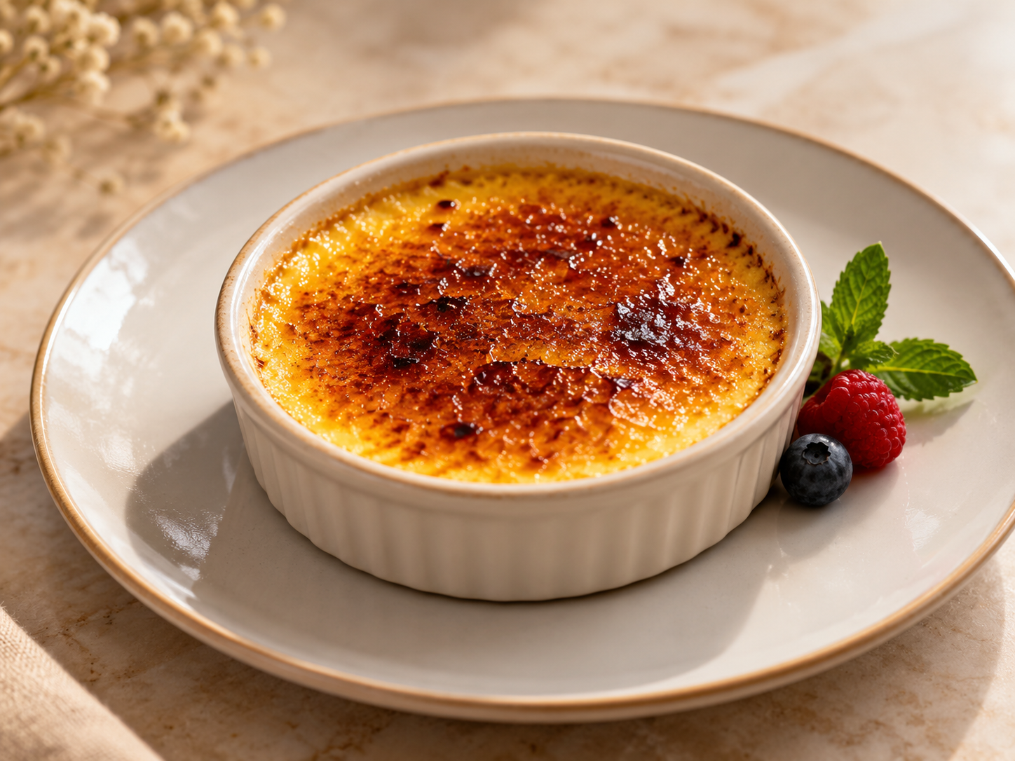 Creme com crosta de açúcar caramelizado, acompanhado de frutos vermelhos e hortelã.
