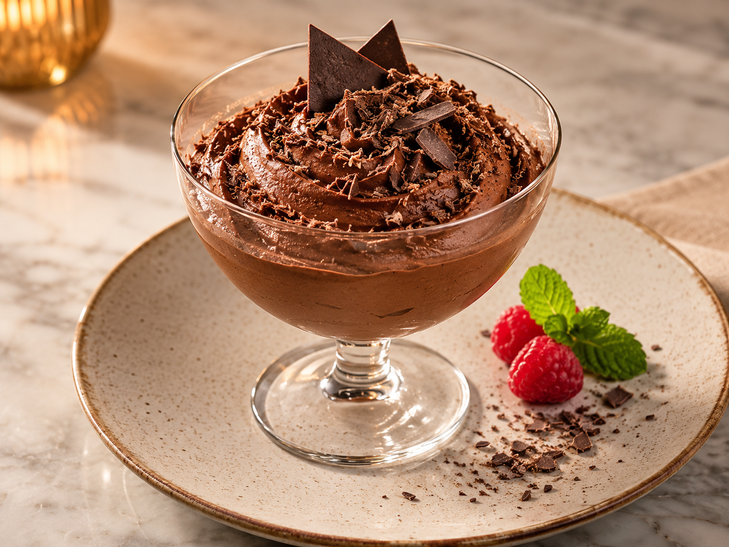 Mousse de chocolate numa taça de vidro, com raspas de chocolate, framboesas e hortelã.