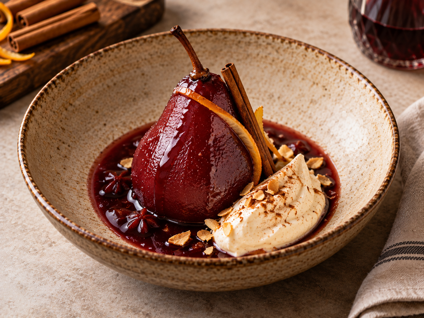 Pêra vermelha em molho escuro, com creme, canela em pau e pedaços de frutos secos.