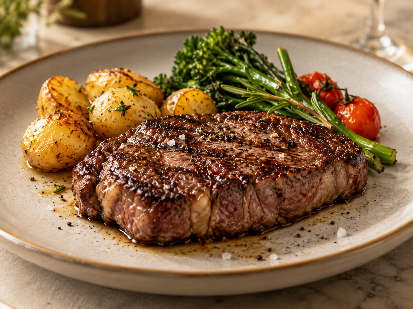 Bife grelhado com batatas douradas, brócolos e tomate.