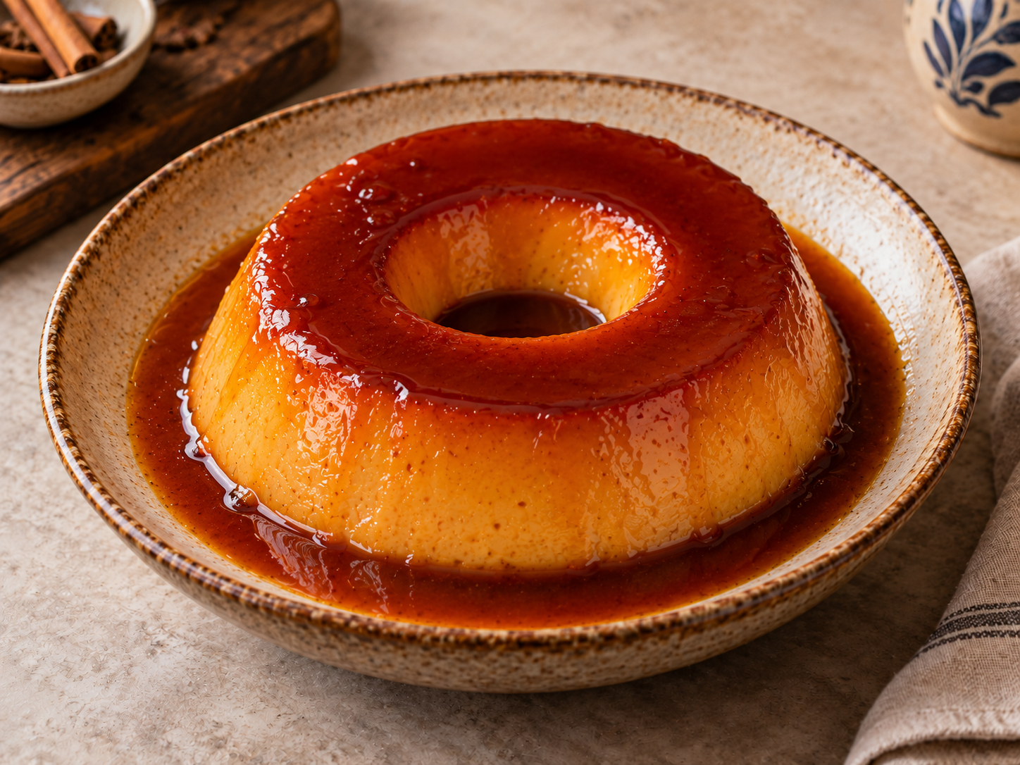 Pudim dourado em forma de anel, coberto de caramelo e rodeado de molho de caramelo.