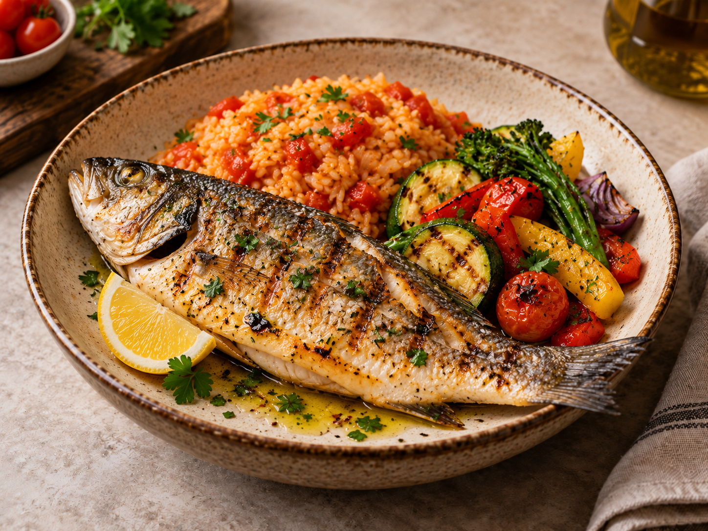 Peixe inteiro grelhado com arroz de tomate, legumes e uma rodela de limão.