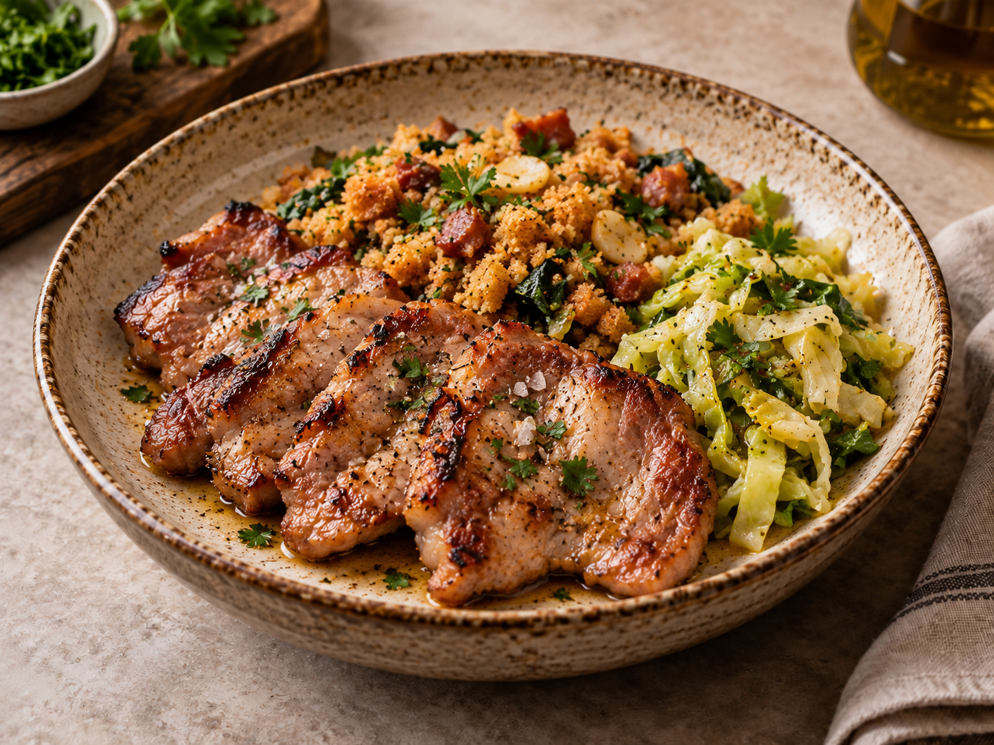 Fatias de carne grelhada com migas douradas, couve e ervas.